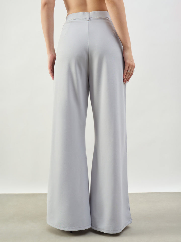 Women Grey Pleated Double Loop Korean Pants