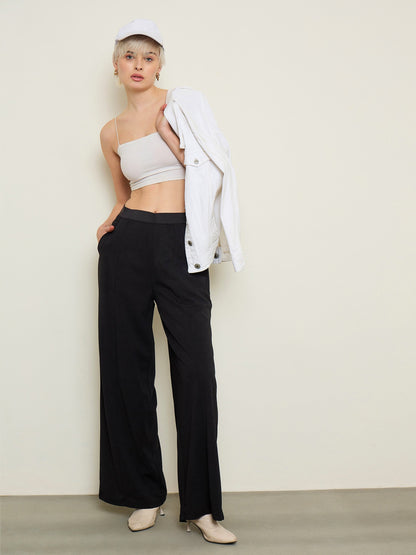 Women Black Elasticated Waist Straight Fit Korean Pants