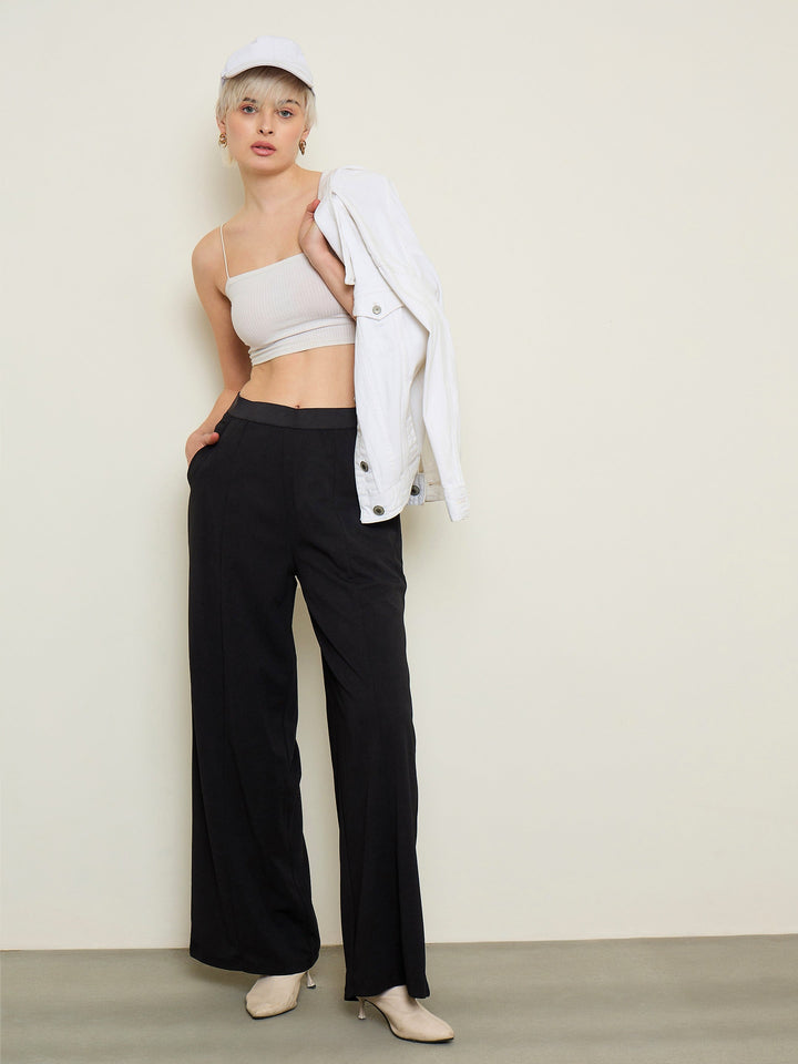 Women Black Elasticated Waist Straight Fit Korean Pants