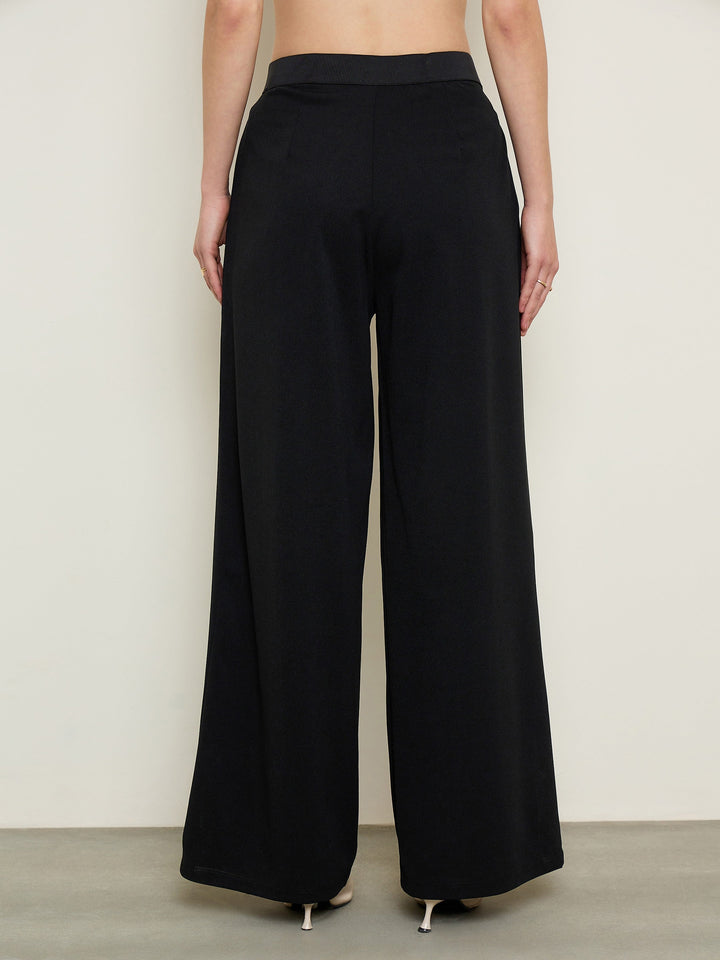 Women Black Elasticated Waist Straight Fit Korean Pants