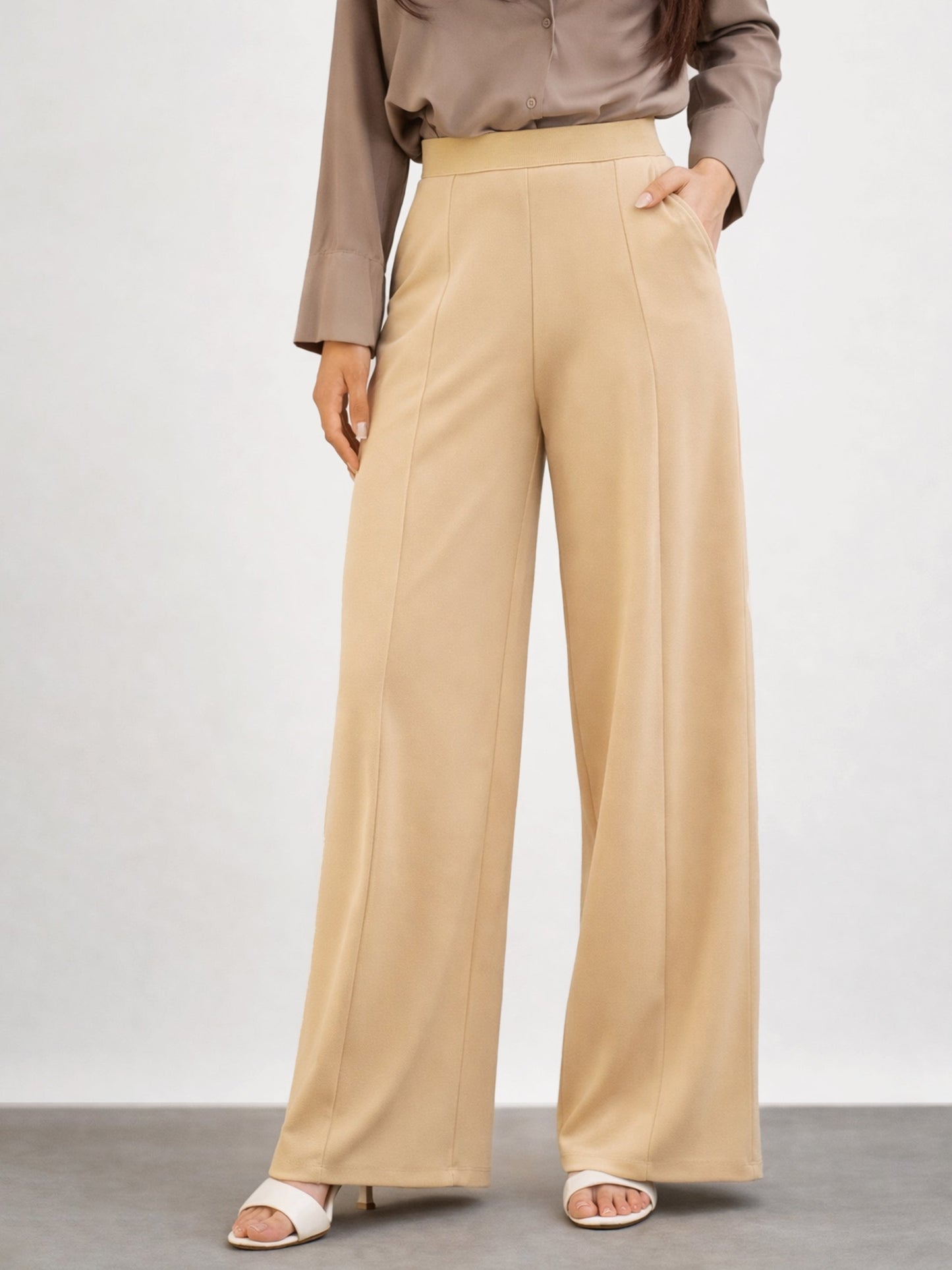 Beige Elasticated Waist Straight Fit Korean Pants