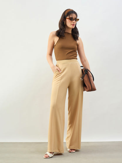 Beige Elasticated Waist Straight Fit Korean Pants