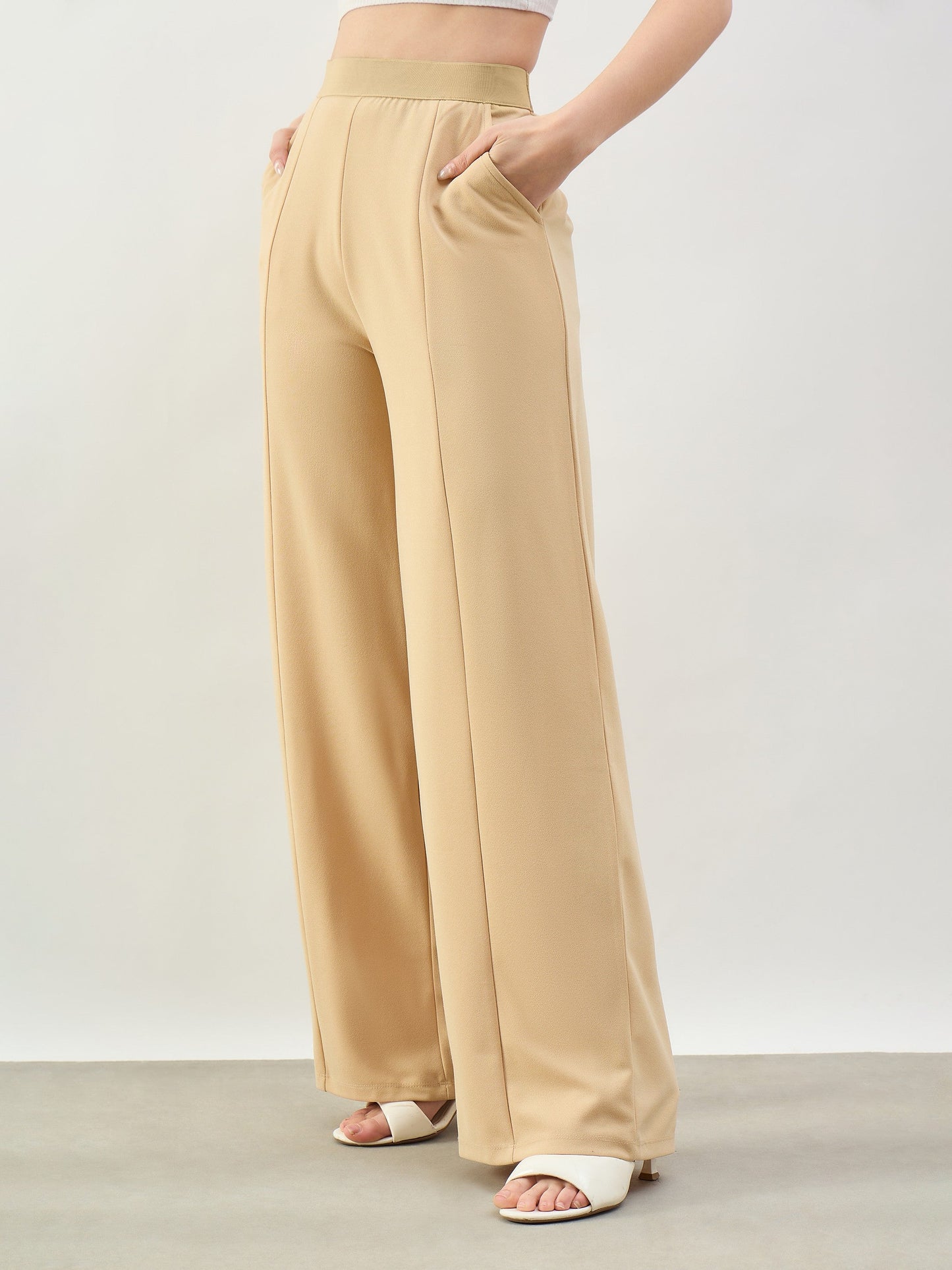 Beige Elasticated Waist Straight Fit Korean Pants