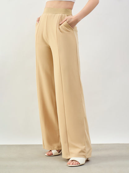 Beige Elasticated Waist Straight Fit Korean Pants