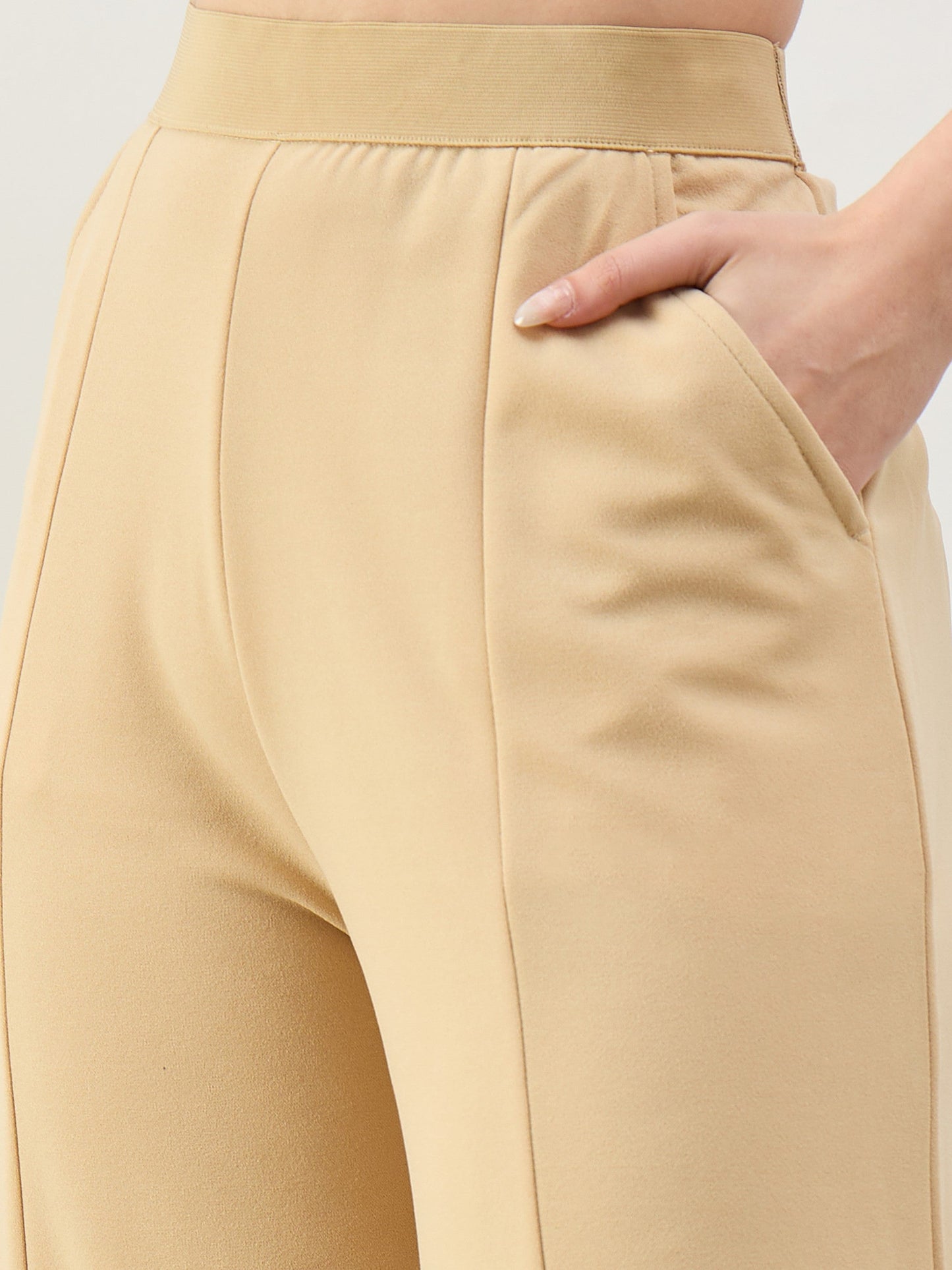 Beige Elasticated Waist Straight Fit Korean Pants