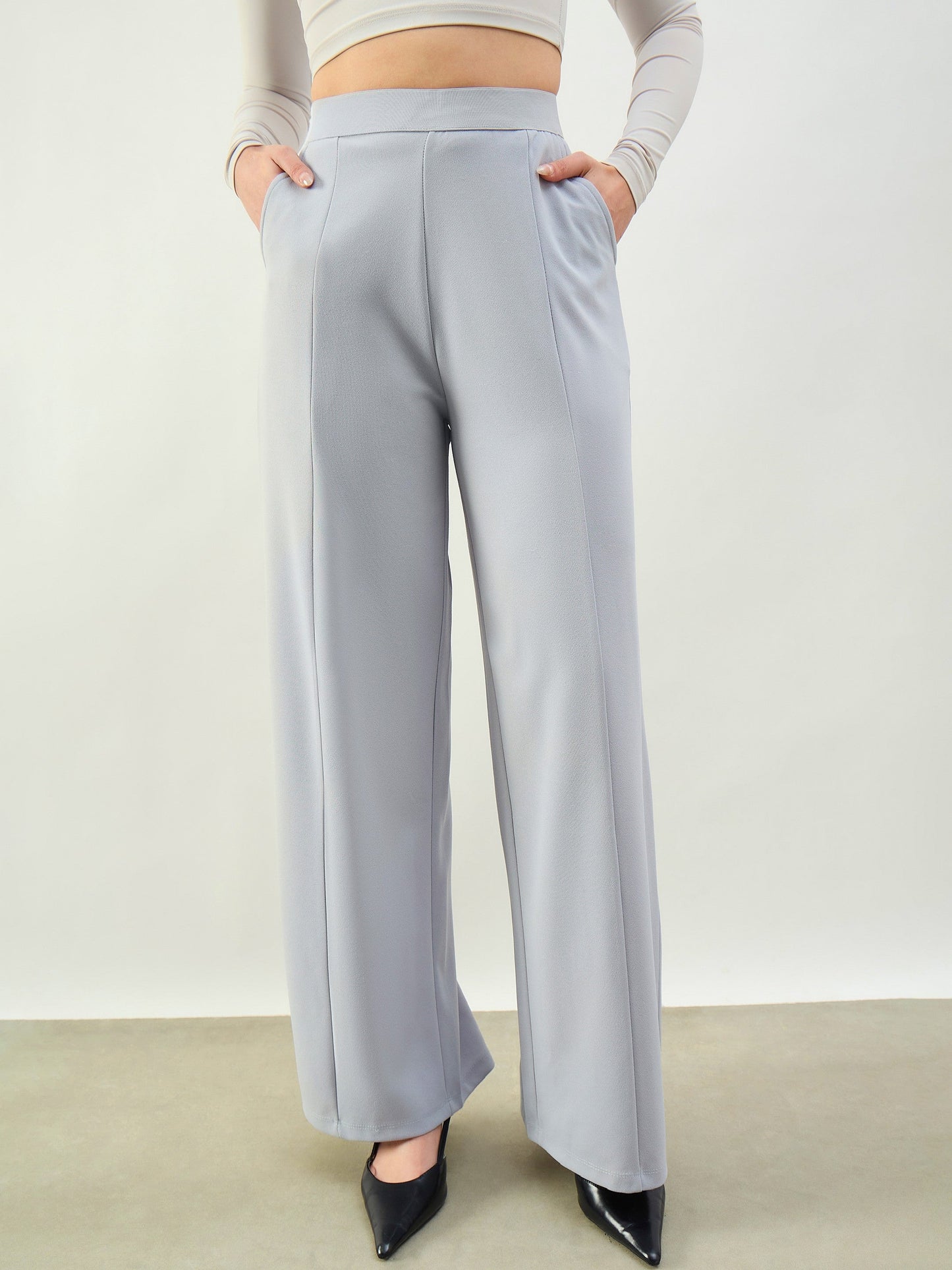 Grey Elasticated Waist Straight Fit Korean Pants