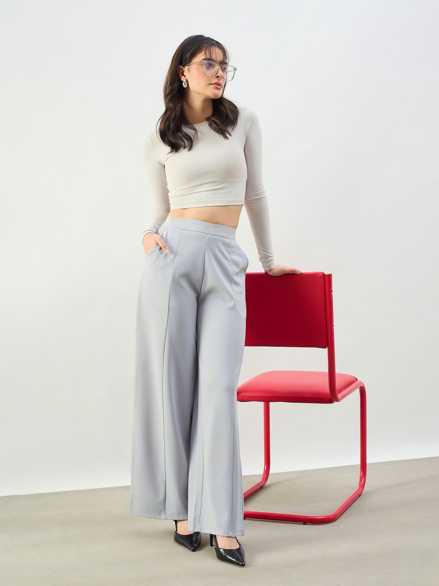 Grey Elasticated Waist Straight Fit Korean Pants
