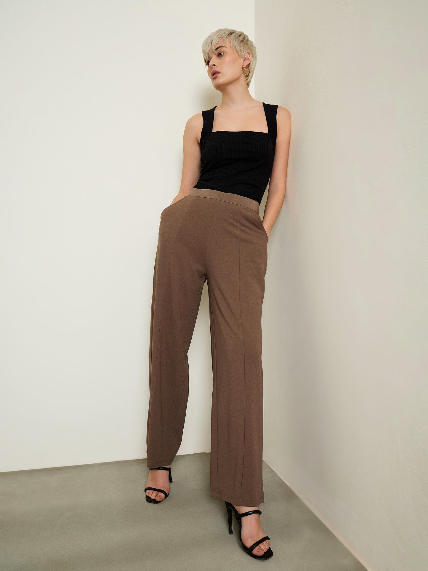 Brown Elasticated Waist Straight Fit Korean Pants