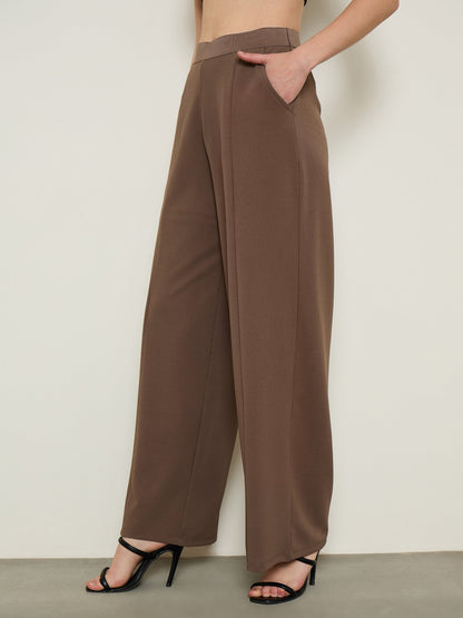Brown Elasticated Waist Straight Fit Korean Pants