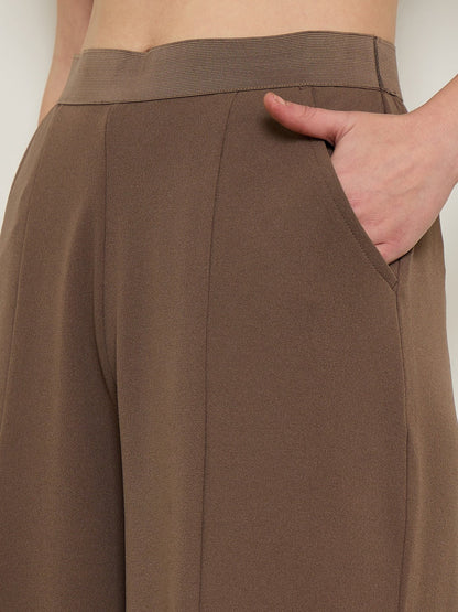 Brown Elasticated Waist Straight Fit Korean Pants