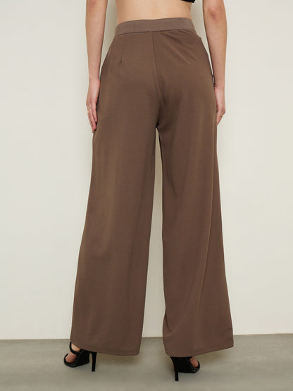 Brown Elasticated Waist Straight Fit Korean Pants