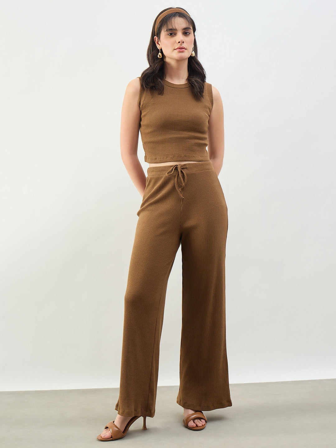 Tan Rib Drawstring Pants