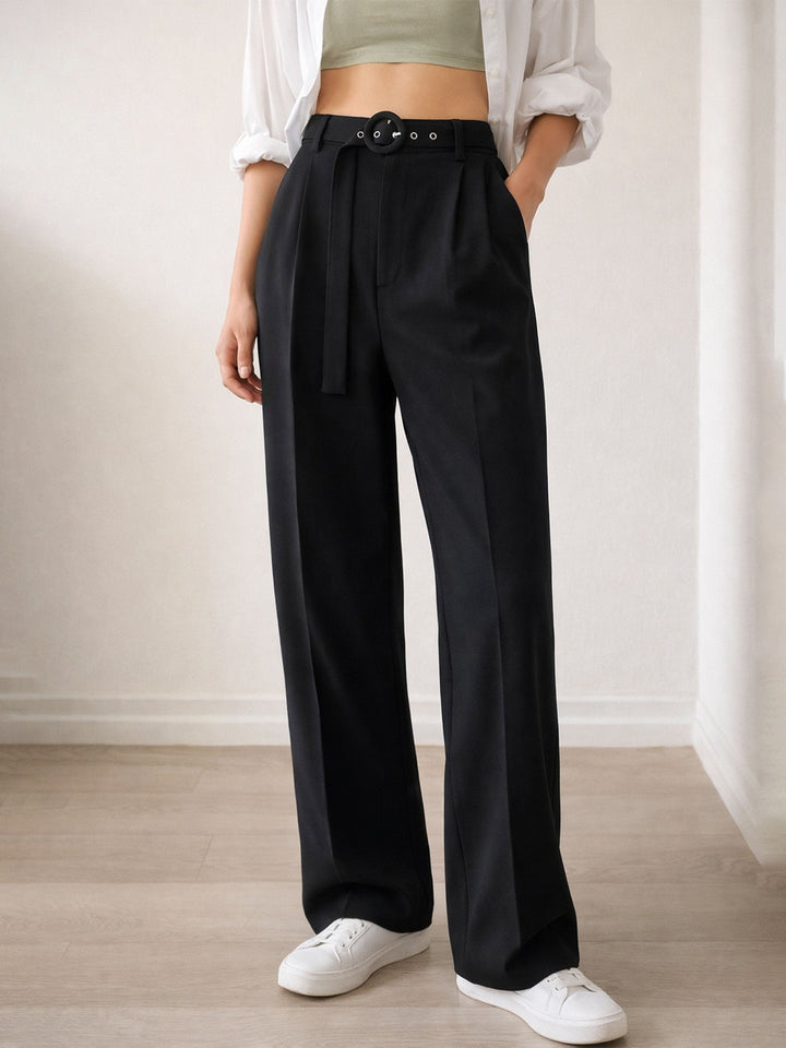 Women Black Front Pleated Belted Straight Pants