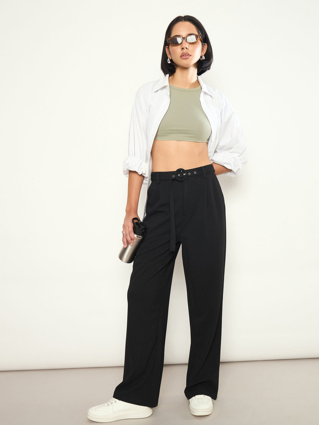 Women Black Front Pleated Belted Straight Pants