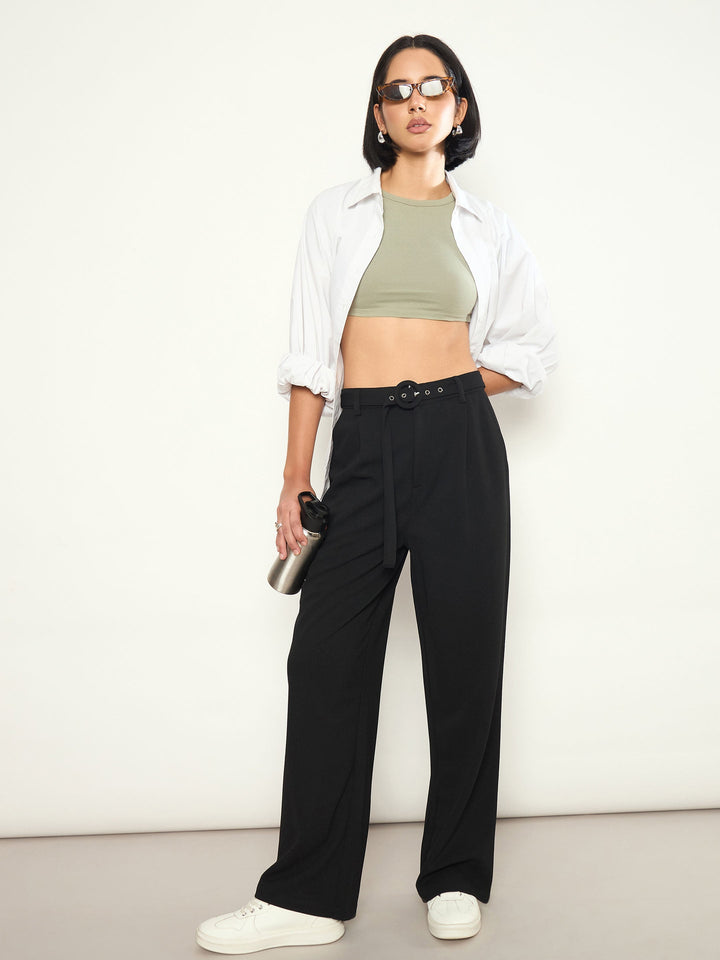 Women Black Front Pleated Belted Straight Pants