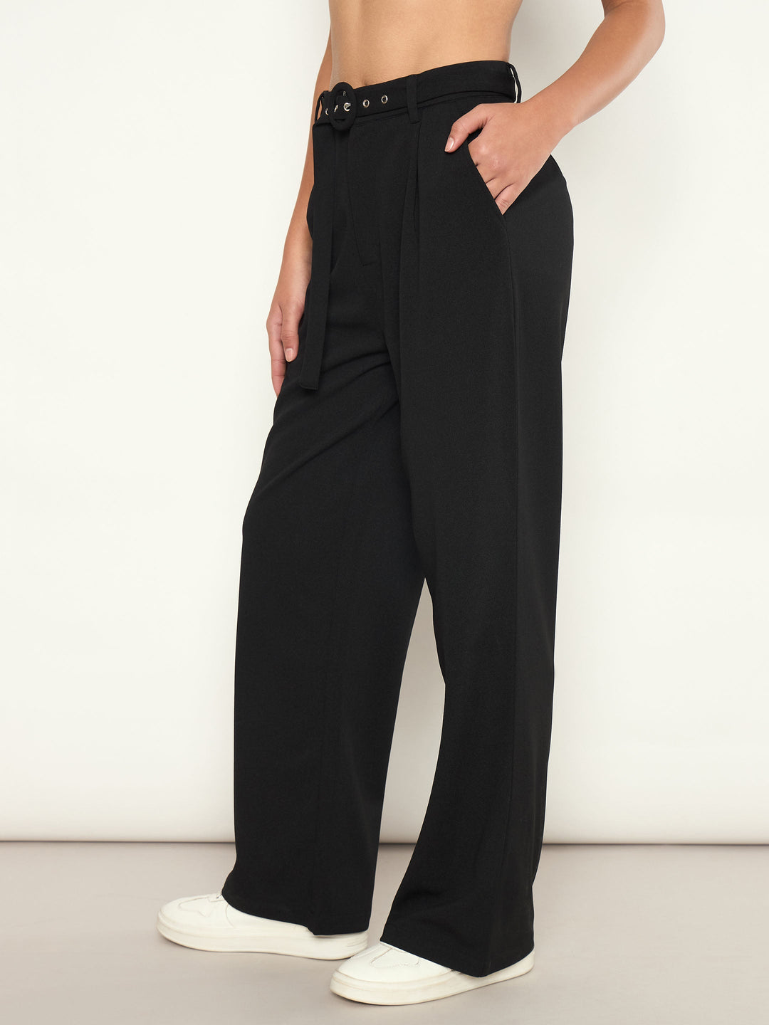 Women Black Front Pleated Belted Straight Pants