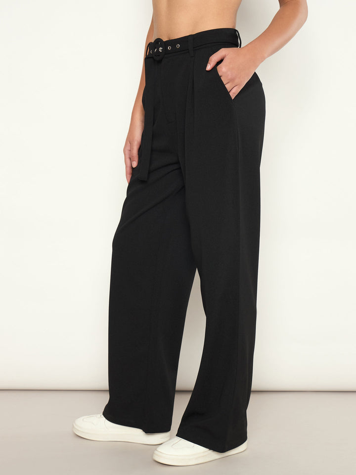 Women Black Front Pleated Belted Straight Pants