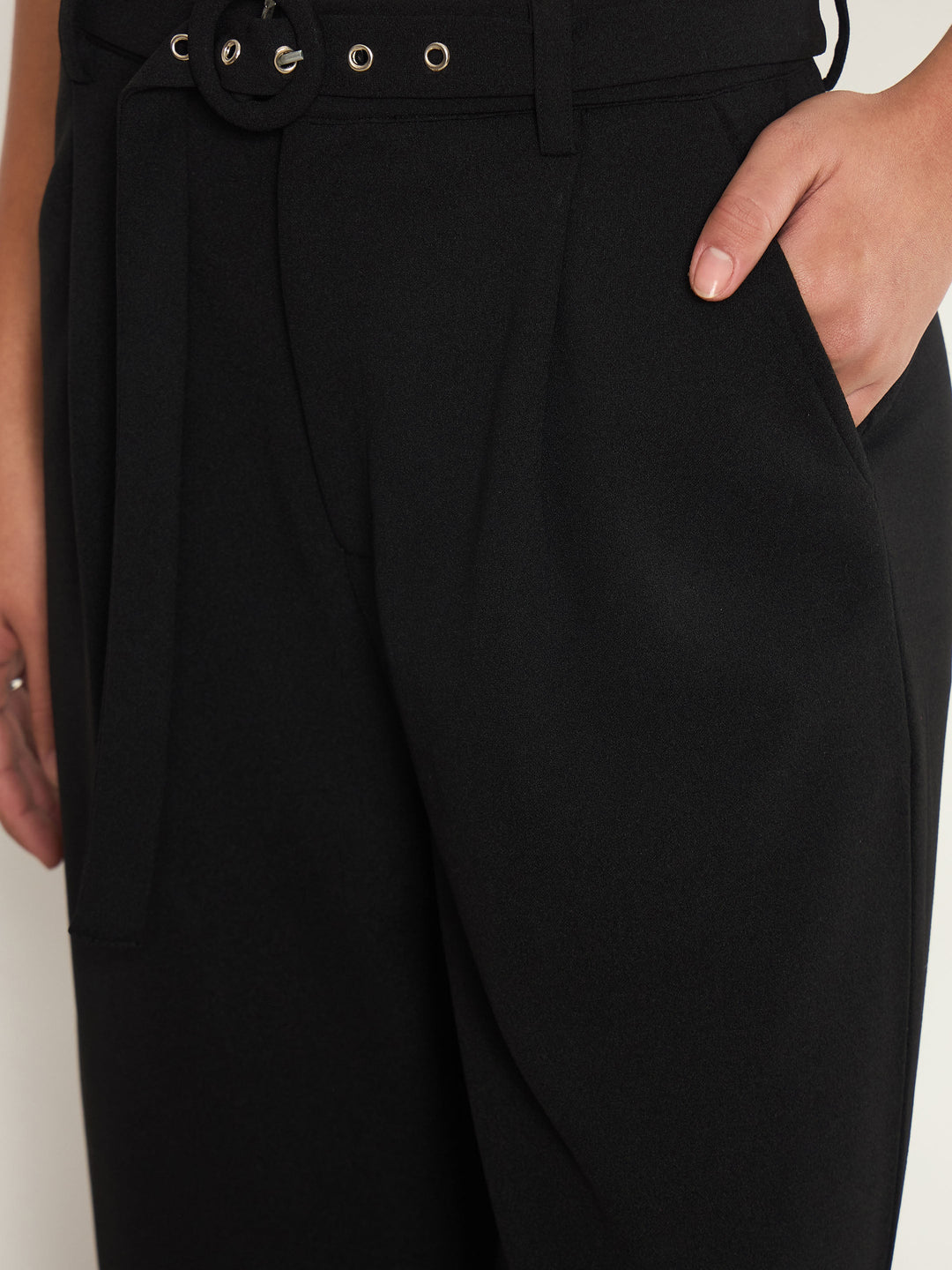Women Black Front Pleated Belted Straight Pants