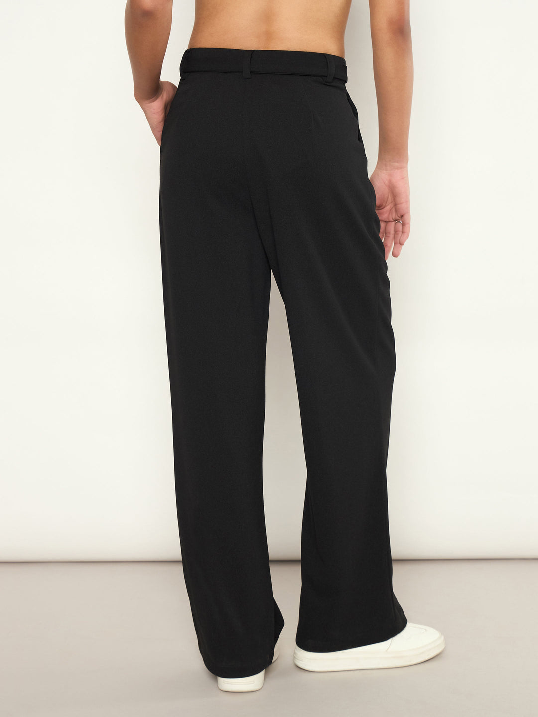 Women Black Front Pleated Belted Straight Pants