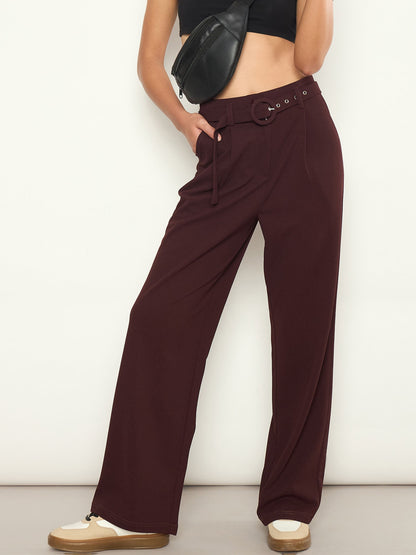 Women Burgundy Front Pleated Belted Straight Pants