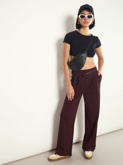 Women Burgundy Front Pleated Belted Straight Pants