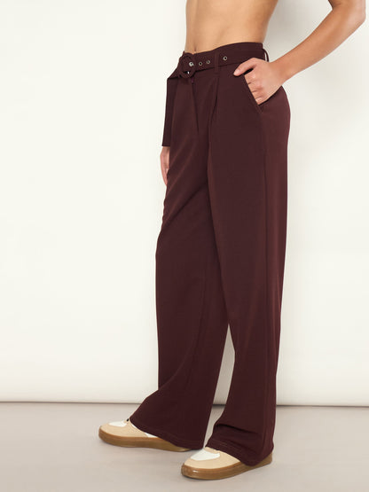 Women Burgundy Front Pleated Belted Straight Pants