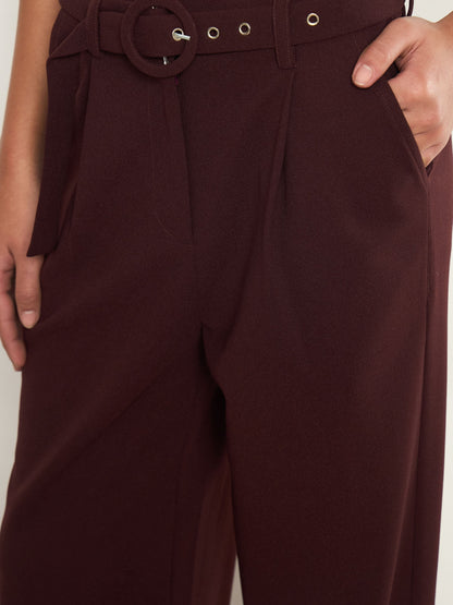 Women Burgundy Front Pleated Belted Straight Pants