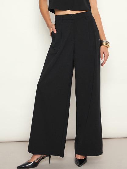 Women Black Front Pleated Wide Leg Straight Pants