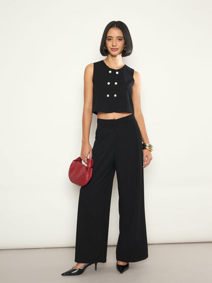 Women Black Front Pleated Wide Leg Straight Pants