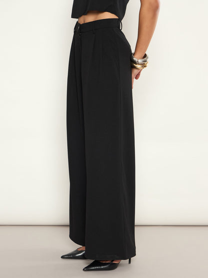 Women Black Front Pleated Wide Leg Straight Pants