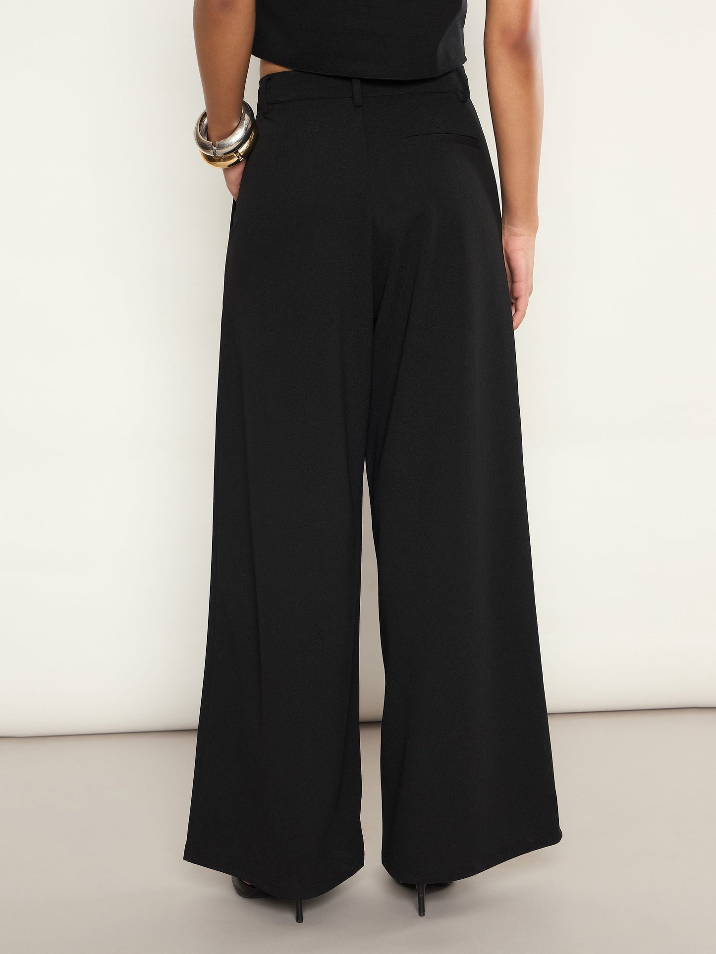 Women Black Front Pleated Wide Leg Straight Pants