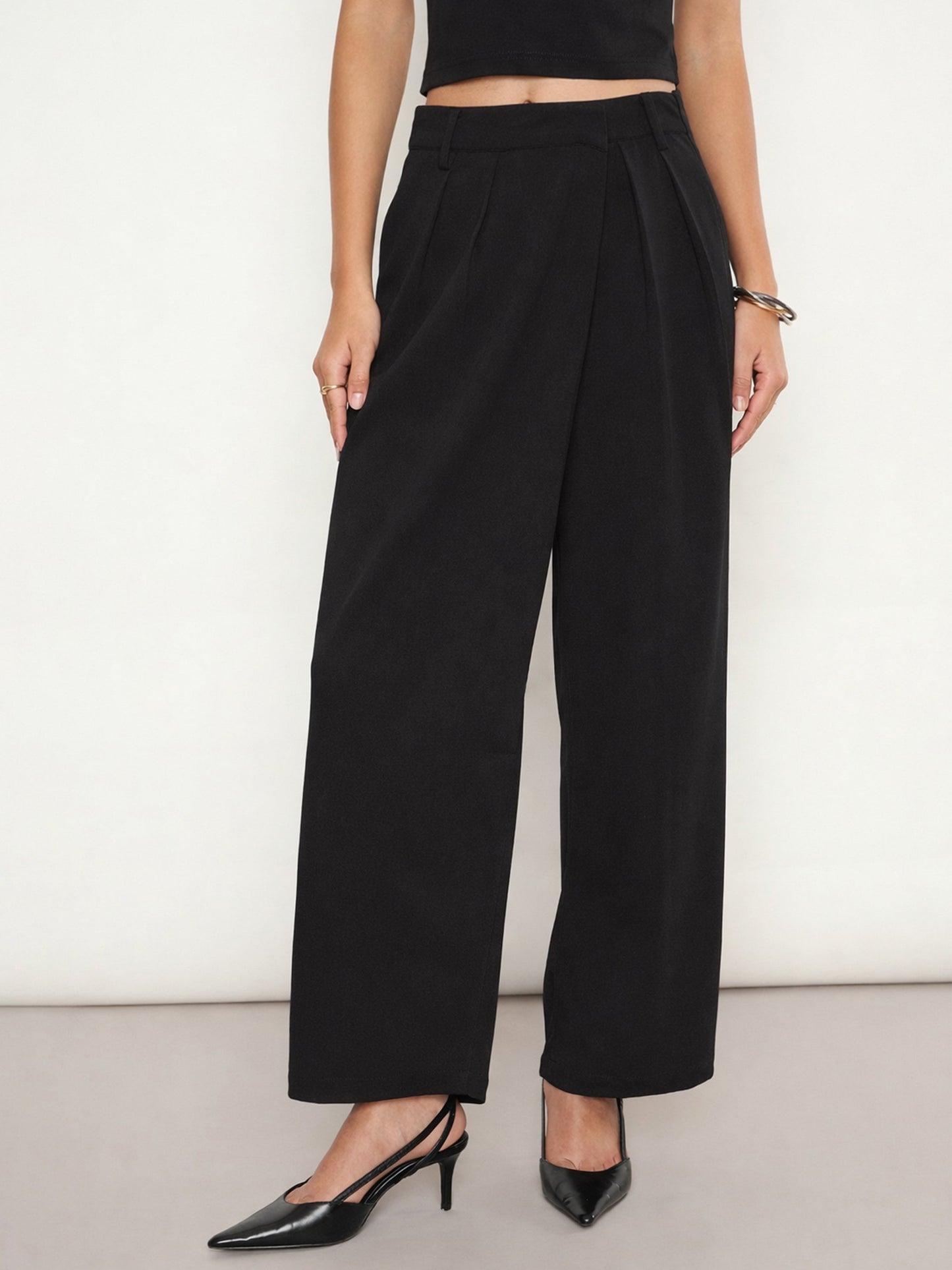 Women Black Wrap Straight Pants