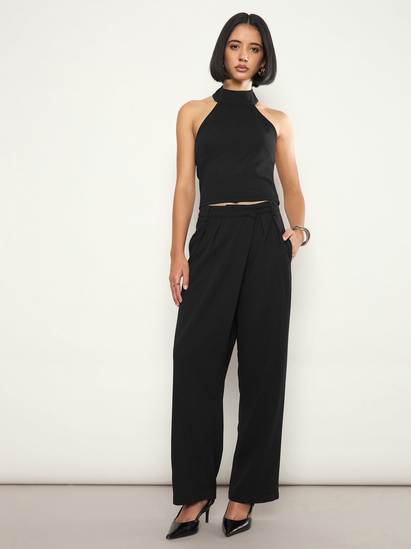 Women Black Wrap Straight Pants