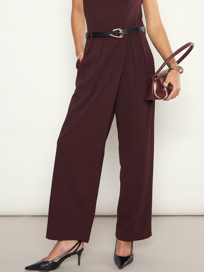Women Burgundy Wrap Straight Pants
