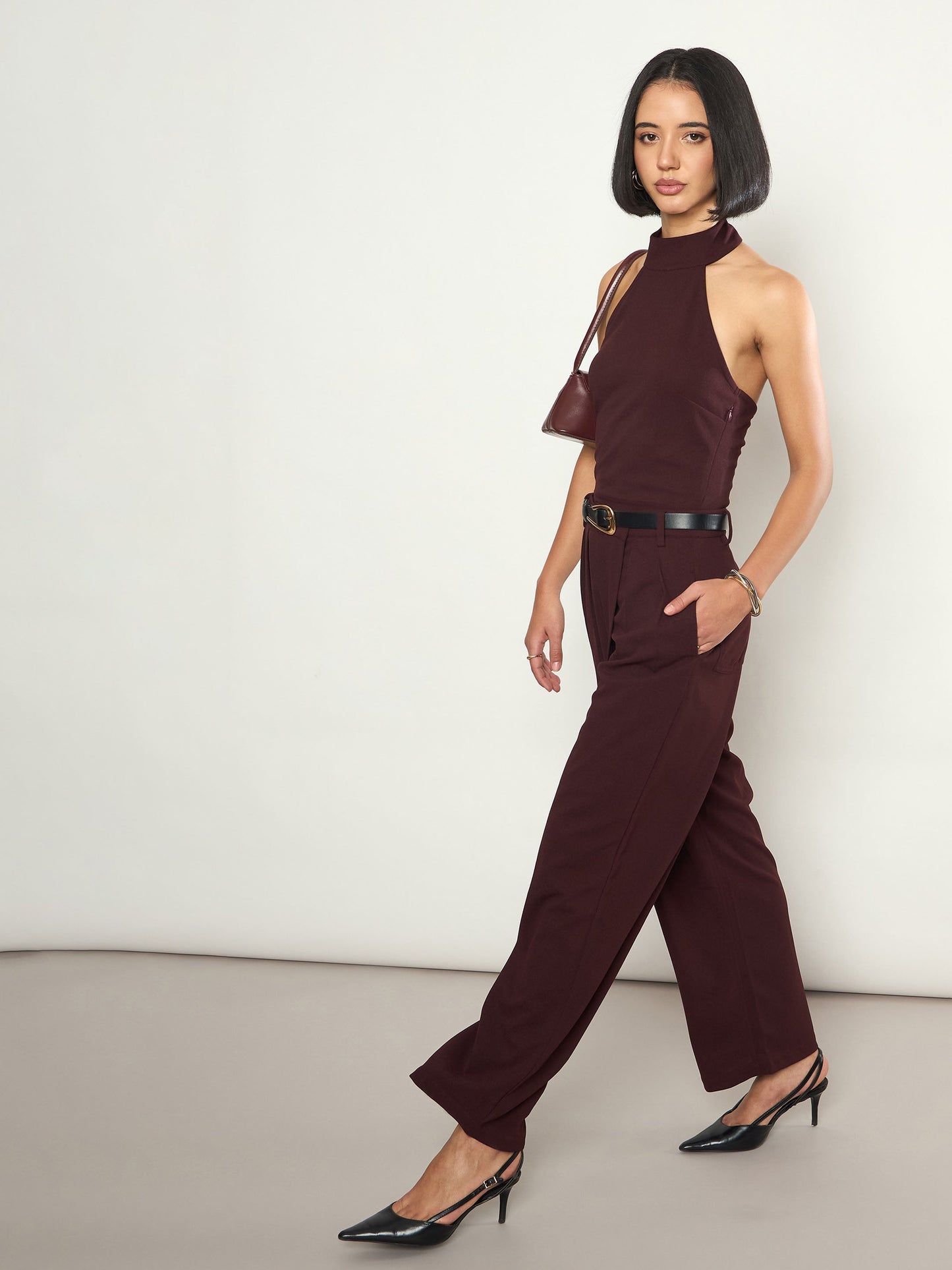 Women Burgundy Wrap Straight Pants