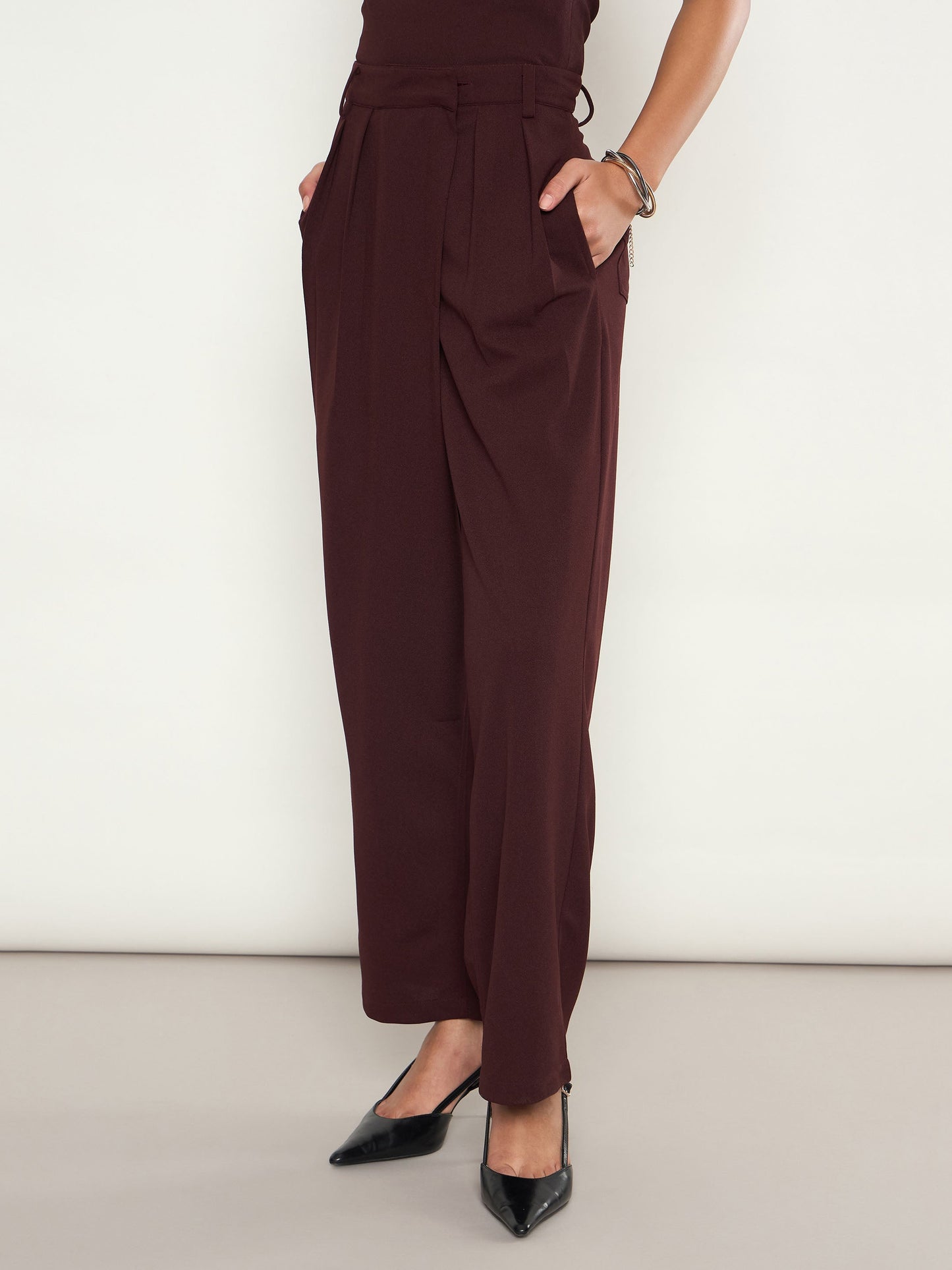 Women Burgundy Wrap Straight Pants