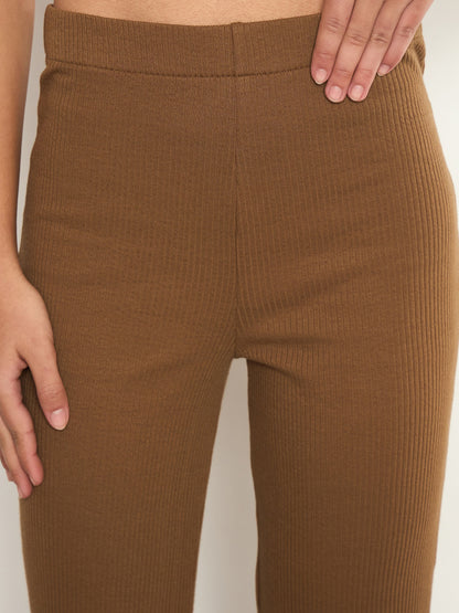 Women Tan Rib Elasticated Track Pants