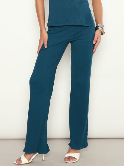 Women Teal Rib Elasticated Track Pants
