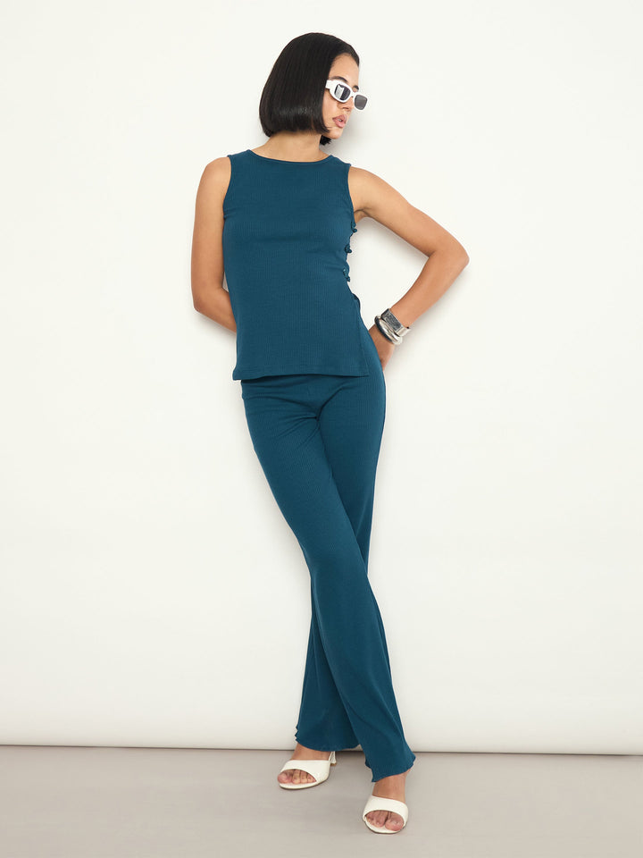 Women Teal Rib Elasticated Track Pants