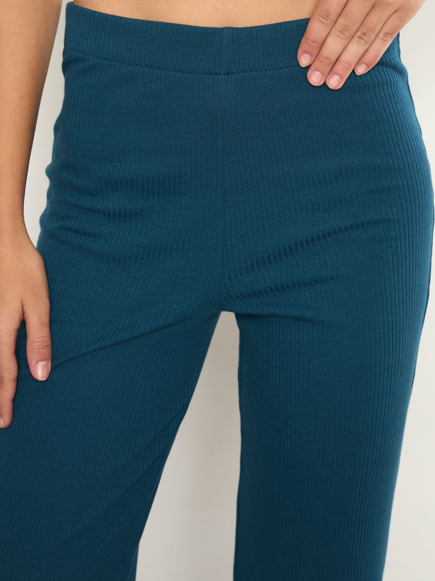 Women Teal Rib Elasticated Track Pants
