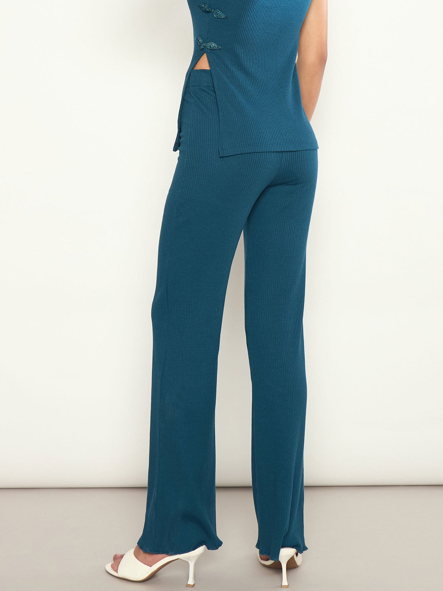 Women Teal Rib Elasticated Track Pants
