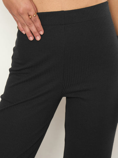 Women Black Rib Elasticated Track Pants