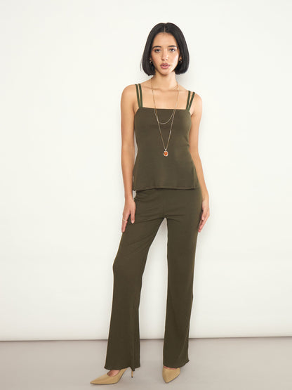 Women Olive Rib Elasticated Track Pants