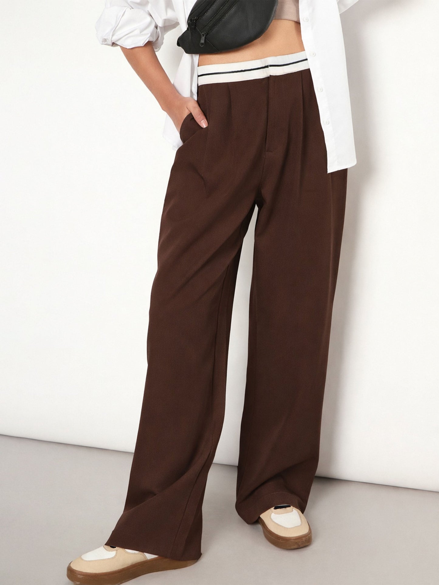 Women Brown Front Pleated Wide Leg Korean Pants