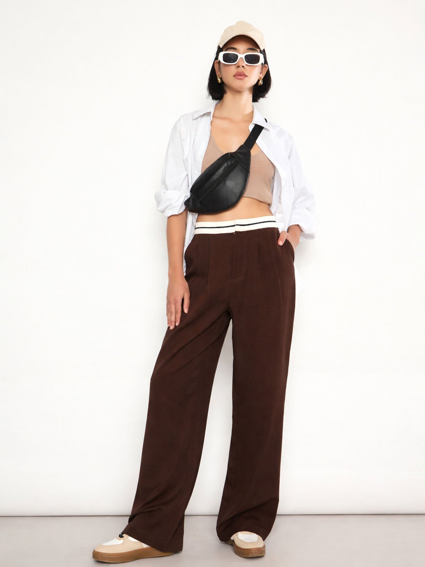 Women Brown Front Pleated Wide Leg Korean Pants