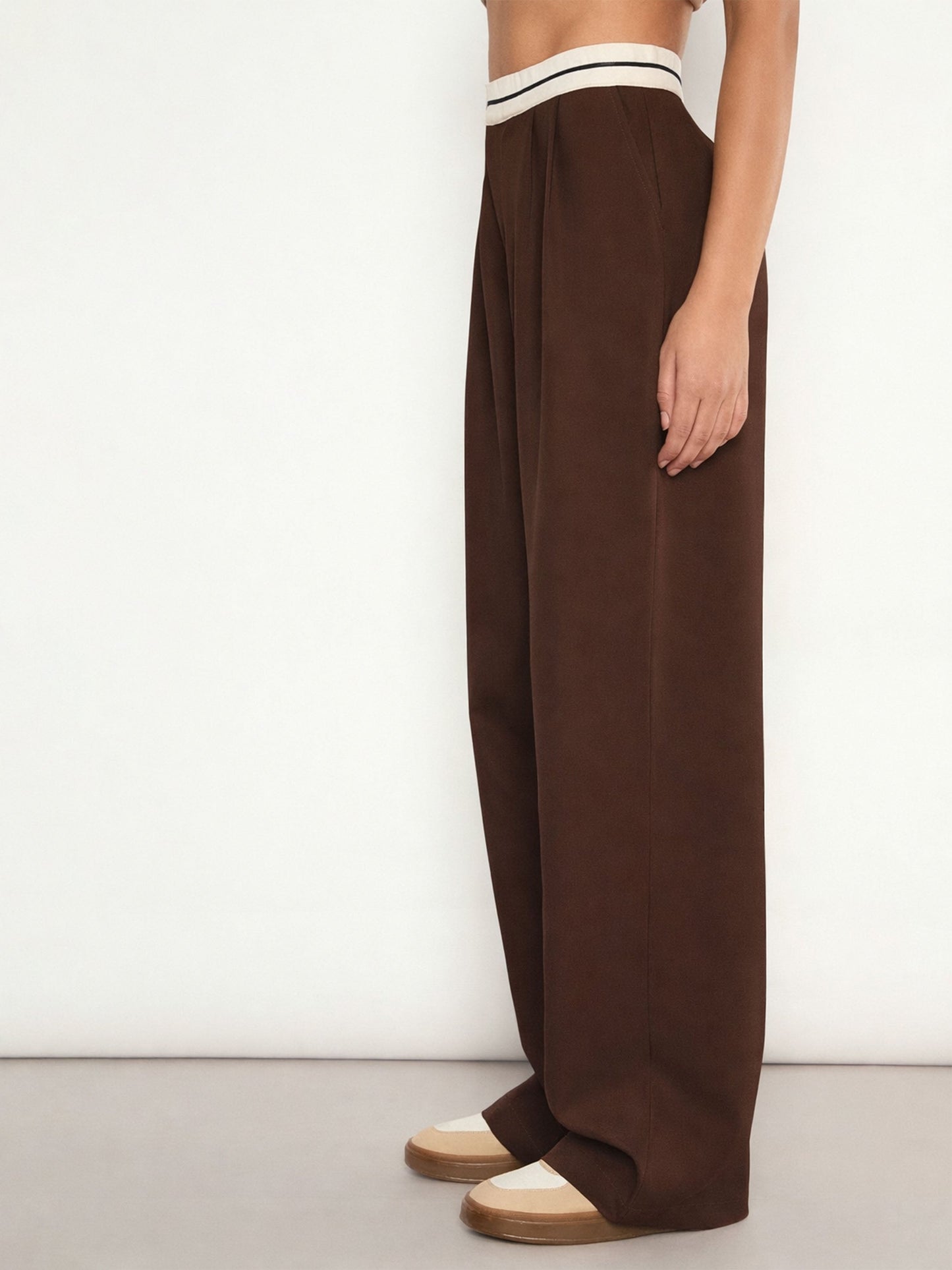 Women Brown Front Pleated Wide Leg Korean Pants