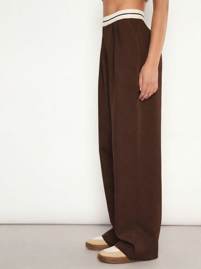 Women Brown Front Pleated Wide Leg Korean Pants