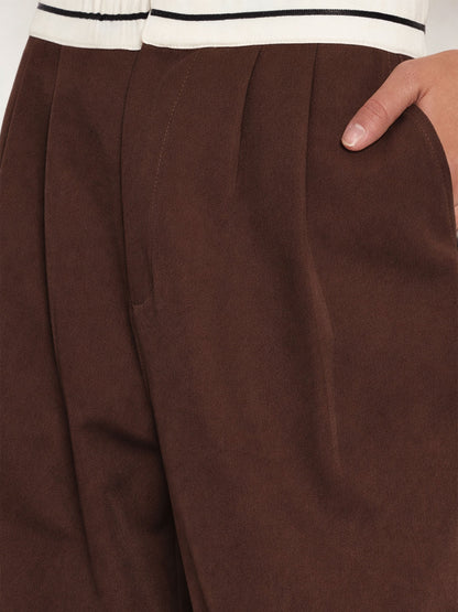 Women Brown Front Pleated Wide Leg Korean Pants