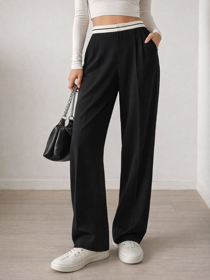 Women Black Front Pleated Wide Leg Korean Pants