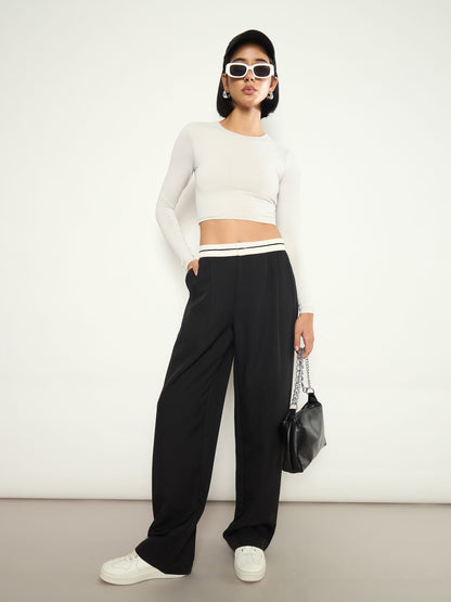 Women Black Front Pleated Wide Leg Korean Pants